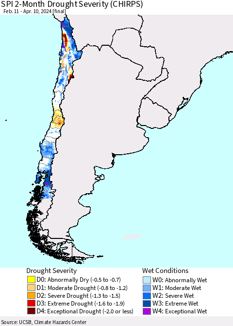Chile SPI 2-Month Drought Severity (CHIRPS) Thematic Map For 2/11/2024 - 4/10/2024