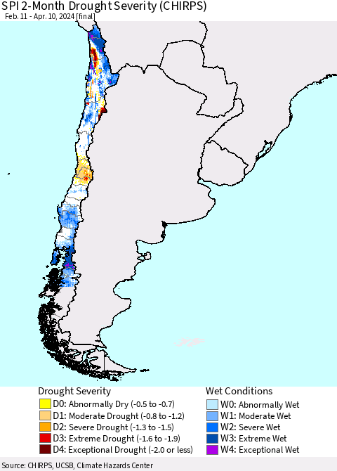 Chile SPI 2-Month Drought Severity (CHIRPS) Thematic Map For 2/11/2024 - 4/10/2024