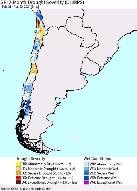 Chile SPI 2-Month Drought Severity (CHIRPS) Thematic Map For 2/21/2024 - 4/20/2024