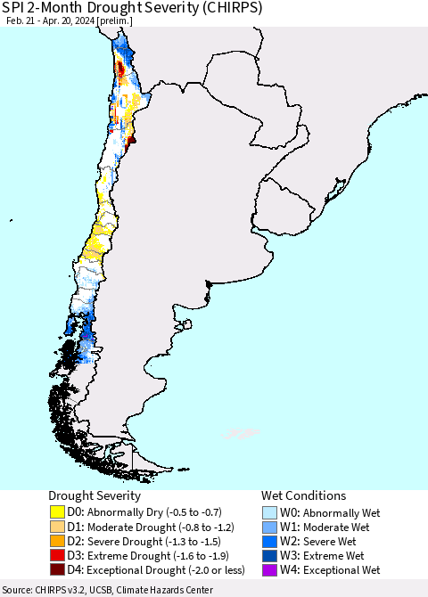 Chile SPI 2-Month Drought Severity (CHIRPS) Thematic Map For 2/21/2024 - 4/20/2024
