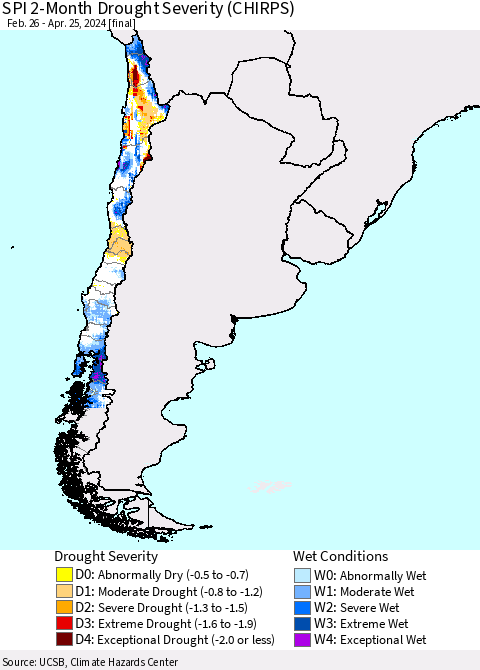 Chile SPI 2-Month Drought Severity (CHIRPS) Thematic Map For 2/26/2024 - 4/25/2024