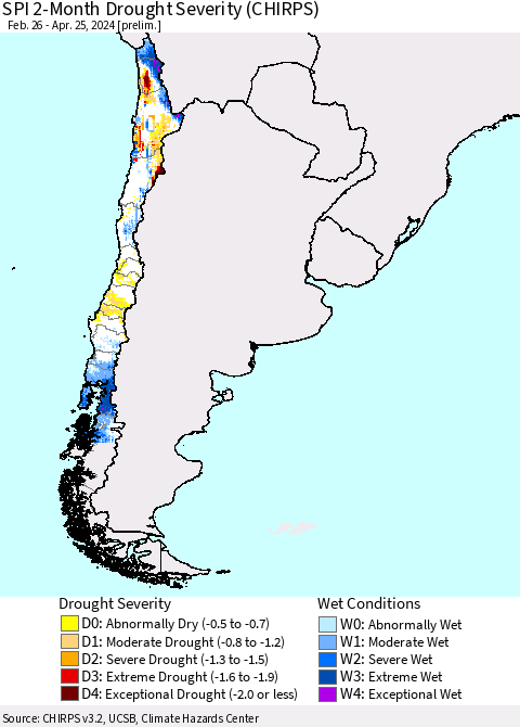 Chile SPI 2-Month Drought Severity (CHIRPS) Thematic Map For 2/26/2024 - 4/25/2024