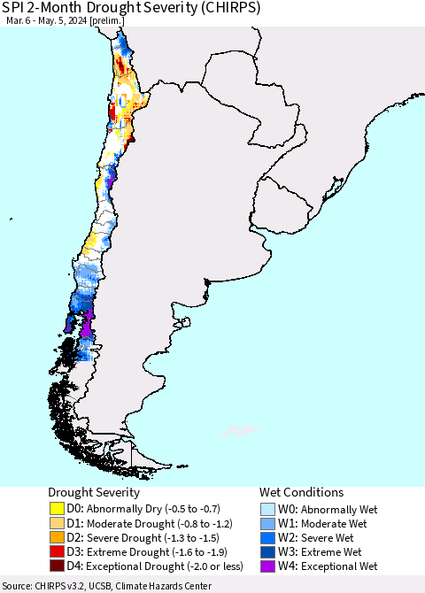 Chile SPI 2-Month Drought Severity (CHIRPS) Thematic Map For 3/6/2024 - 5/5/2024