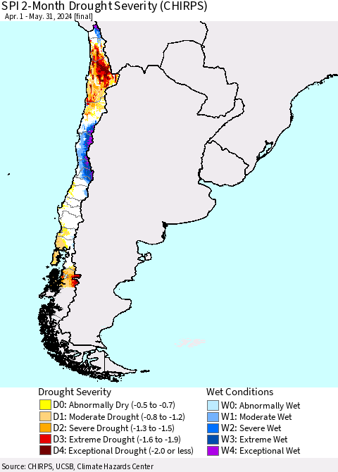 Chile SPI 2-Month Drought Severity (CHIRPS) Thematic Map For 4/1/2024 - 5/31/2024