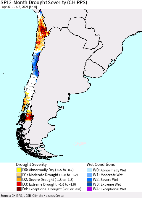 Chile SPI 2-Month Drought Severity (CHIRPS) Thematic Map For 4/6/2024 - 6/5/2024