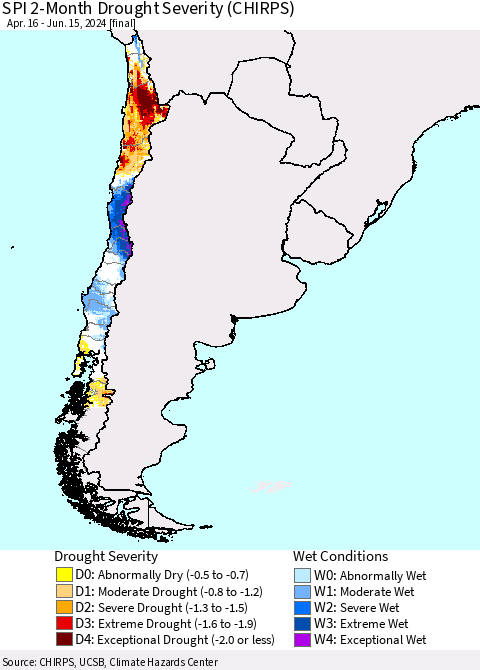 Chile SPI 2-Month Drought Severity (CHIRPS) Thematic Map For 4/16/2024 - 6/15/2024