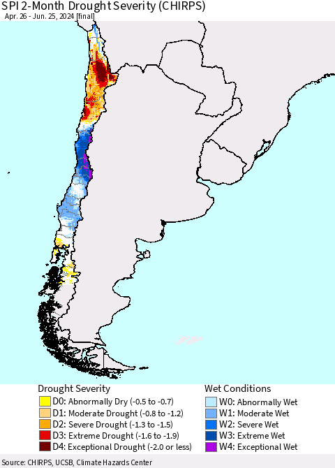 Chile SPI 2-Month Drought Severity (CHIRPS) Thematic Map For 4/26/2024 - 6/25/2024