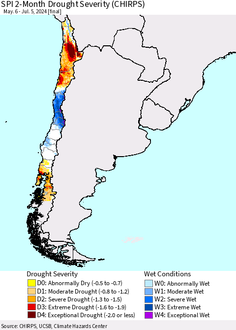 Chile SPI 2-Month Drought Severity (CHIRPS) Thematic Map For 5/6/2024 - 7/5/2024
