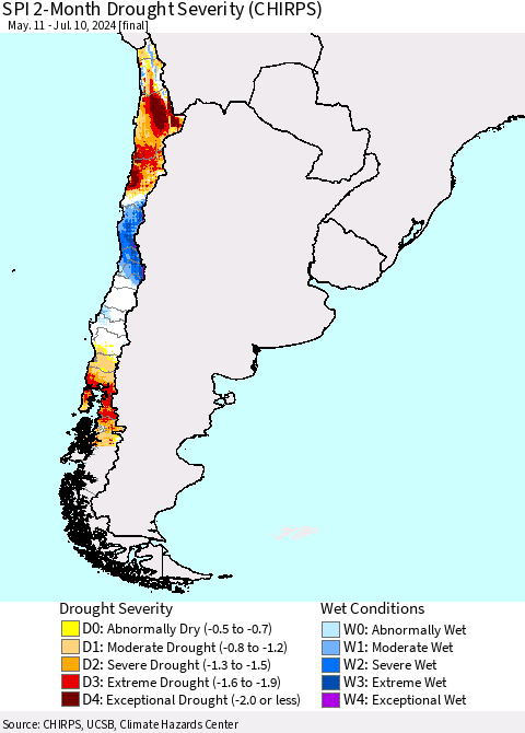 Chile SPI 2-Month Drought Severity (CHIRPS) Thematic Map For 5/11/2024 - 7/10/2024