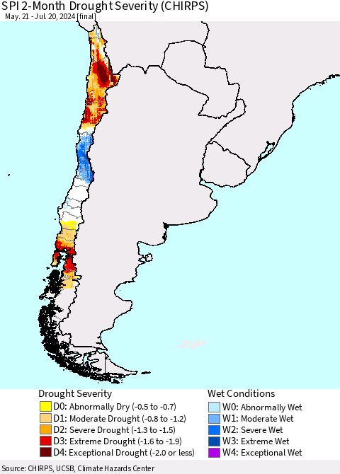Chile SPI 2-Month Drought Severity (CHIRPS) Thematic Map For 5/21/2024 - 7/20/2024
