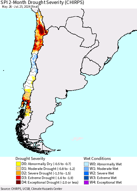 Chile SPI 2-Month Drought Severity (CHIRPS) Thematic Map For 5/26/2024 - 7/25/2024