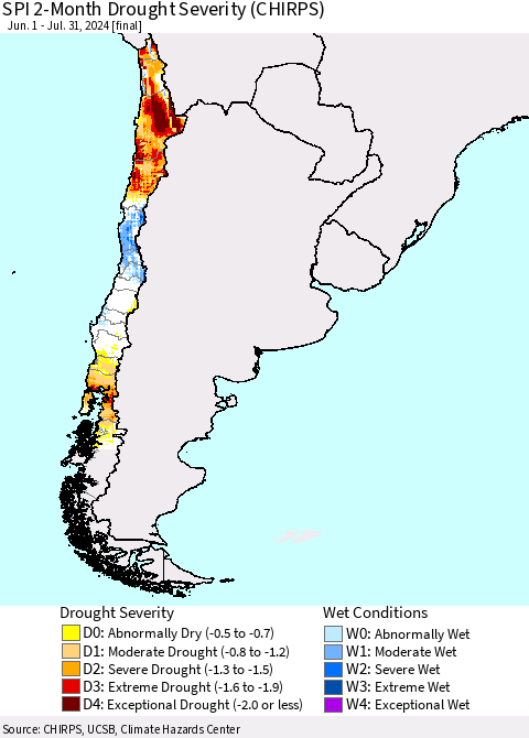 Chile SPI 2-Month Drought Severity (CHIRPS) Thematic Map For 6/1/2024 - 7/31/2024