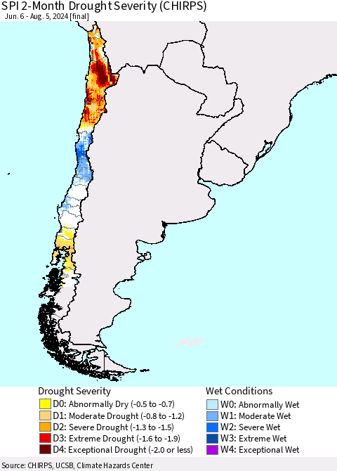 Chile SPI 2-Month Drought Severity (CHIRPS) Thematic Map For 6/6/2024 - 8/5/2024