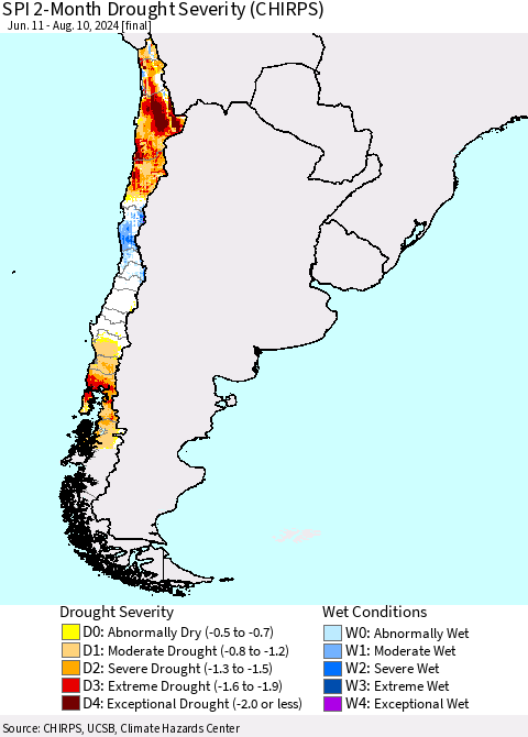 Chile SPI 2-Month Drought Severity (CHIRPS) Thematic Map For 6/11/2024 - 8/10/2024