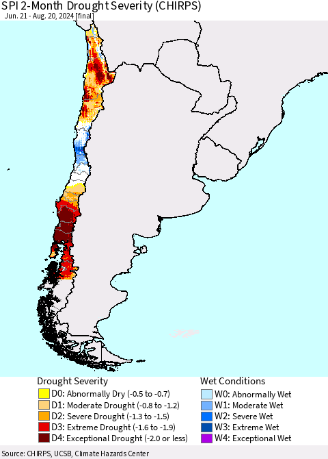 Chile SPI 2-Month Drought Severity (CHIRPS) Thematic Map For 6/21/2024 - 8/20/2024