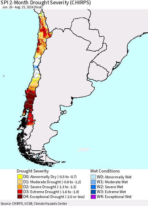 Chile SPI 2-Month Drought Severity (CHIRPS) Thematic Map For 6/26/2024 - 8/25/2024