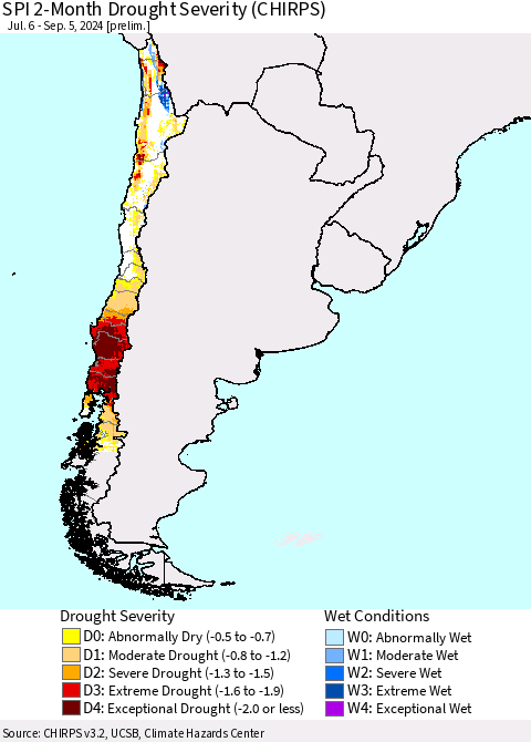Chile SPI 2-Month Drought Severity (CHIRPS) Thematic Map For 7/6/2024 - 9/5/2024
