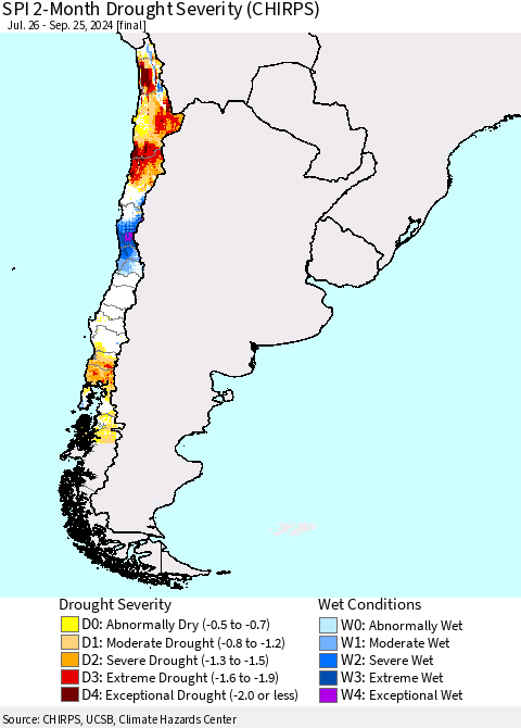 Chile SPI 2-Month Drought Severity (CHIRPS) Thematic Map For 7/26/2024 - 9/25/2024