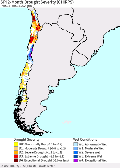 Chile SPI 2-Month Drought Severity (CHIRPS) Thematic Map For 8/16/2024 - 10/15/2024