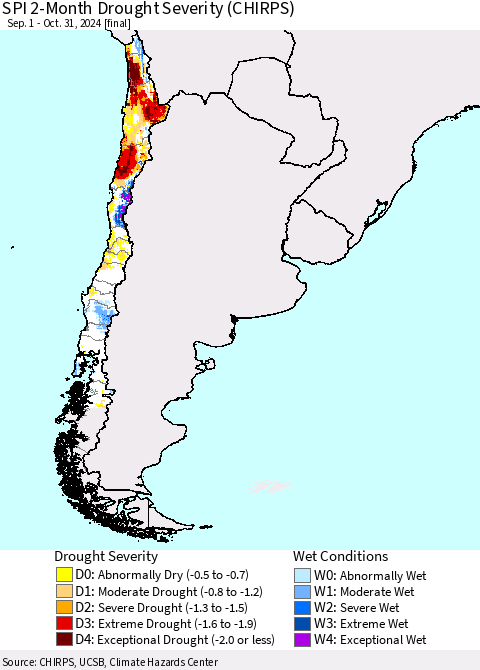 Chile SPI 2-Month Drought Severity (CHIRPS) Thematic Map For 9/1/2024 - 10/31/2024