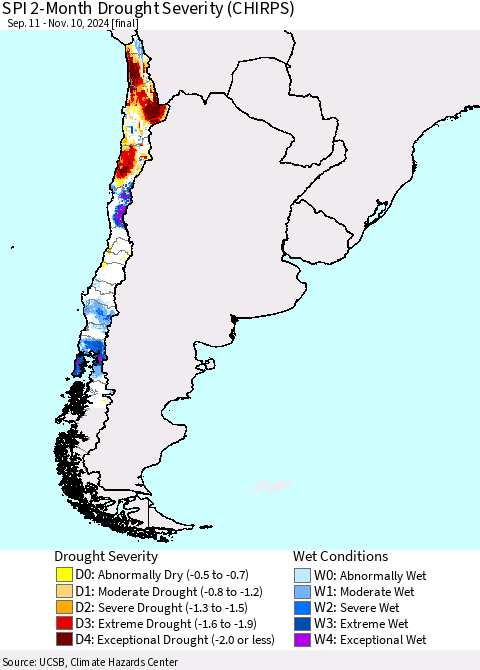 Chile SPI 2-Month Drought Severity (CHIRPS) Thematic Map For 9/11/2024 - 11/10/2024