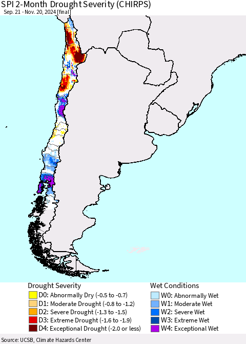 Chile SPI 2-Month Drought Severity (CHIRPS) Thematic Map For 9/21/2024 - 11/20/2024