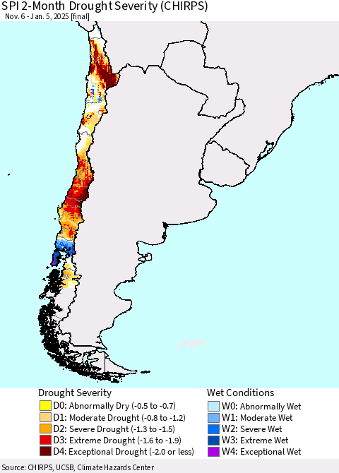 Chile SPI 2-Month Drought Severity (CHIRPS) Thematic Map For 11/6/2024 - 1/5/2025