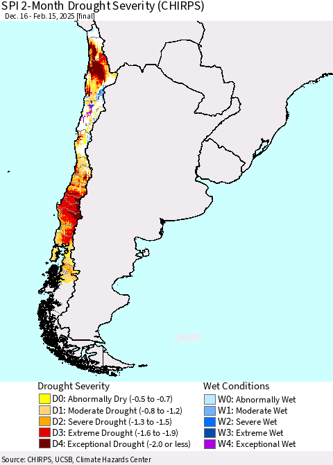 Chile SPI 2-Month Drought Severity (CHIRPS) Thematic Map For 12/16/2024 - 2/15/2025