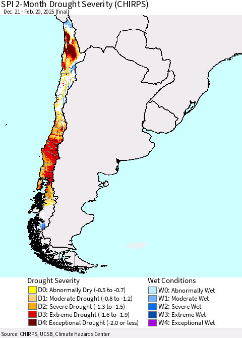 Chile SPI 2-Month Drought Severity (CHIRPS) Thematic Map For 12/21/2024 - 2/20/2025