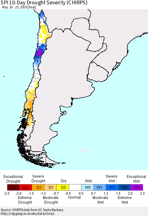 Chile SPI 10-Day Drought Severity (CHIRPS) Thematic Map For 5/16/2019 - 5/25/2019