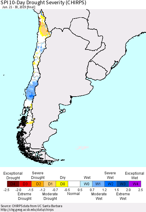 Chile SPI 10-Day Drought Severity (CHIRPS) Thematic Map For 6/21/2019 - 6/30/2019