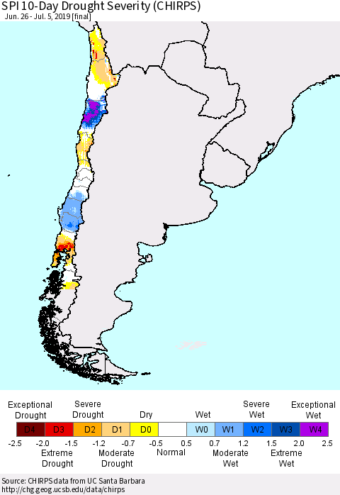 Chile SPI 10-Day Drought Severity (CHIRPS) Thematic Map For 6/26/2019 - 7/5/2019