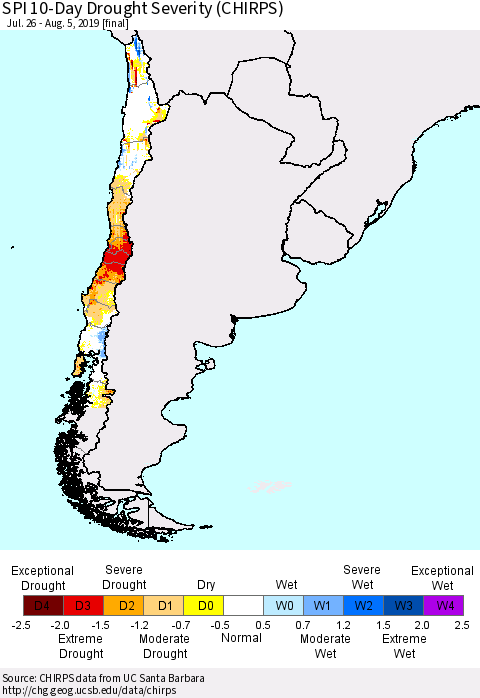 Chile SPI 10-Day Drought Severity (CHIRPS) Thematic Map For 7/26/2019 - 8/5/2019