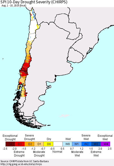 Chile SPI 10-Day Drought Severity (CHIRPS) Thematic Map For 8/1/2019 - 8/10/2019