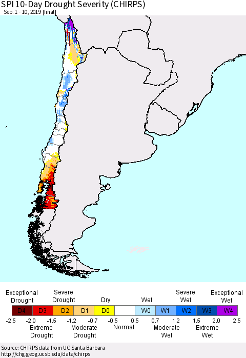 Chile SPI 10-Day Drought Severity (CHIRPS) Thematic Map For 9/1/2019 - 9/10/2019