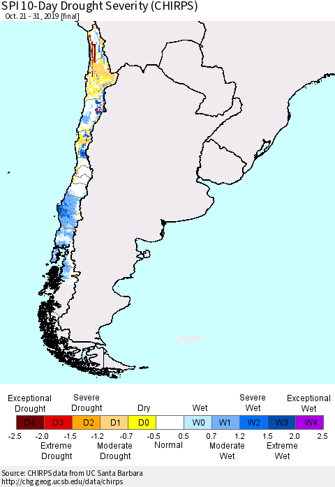 Chile SPI 10-Day Drought Severity (CHIRPS) Thematic Map For 10/21/2019 - 10/31/2019