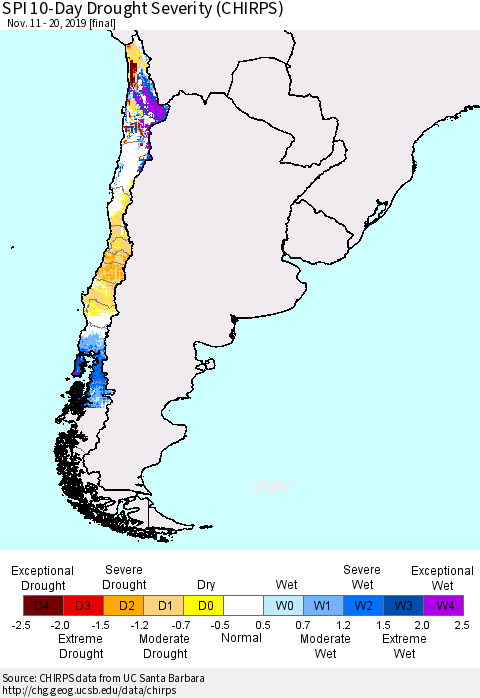 Chile SPI 10-Day Drought Severity (CHIRPS) Thematic Map For 11/11/2019 - 11/20/2019