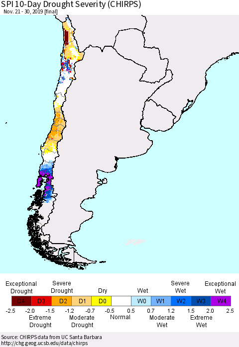 Chile SPI 10-Day Drought Severity (CHIRPS) Thematic Map For 11/21/2019 - 11/30/2019