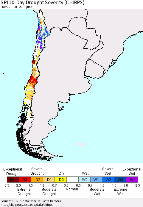 Chile SPI 10-Day Drought Severity (CHIRPS) Thematic Map For 12/21/2019 - 12/31/2019