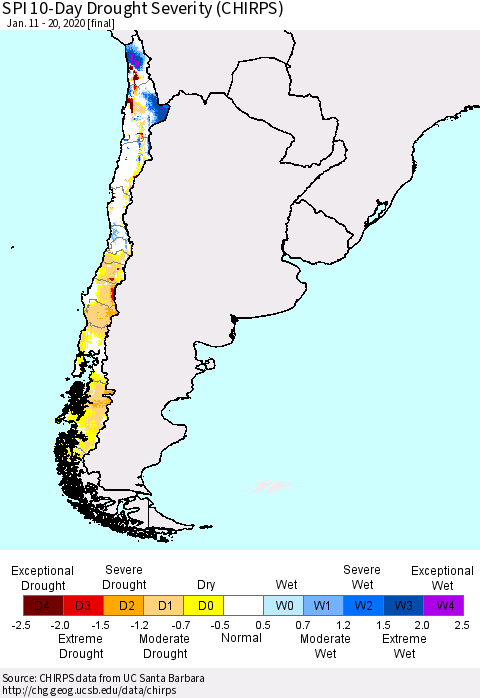 Chile SPI 10-Day Drought Severity (CHIRPS) Thematic Map For 1/11/2020 - 1/20/2020