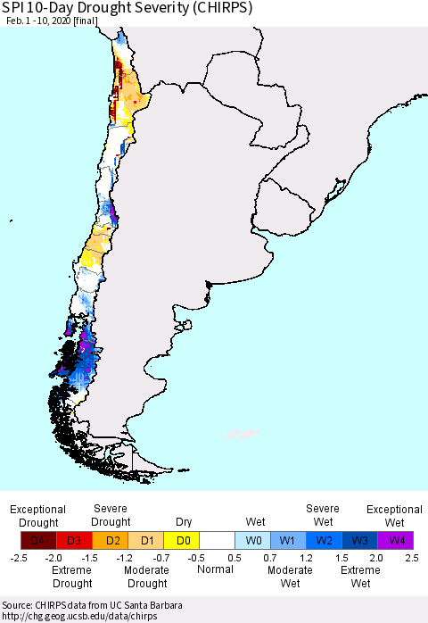 Chile SPI 10-Day Drought Severity (CHIRPS) Thematic Map For 2/1/2020 - 2/10/2020