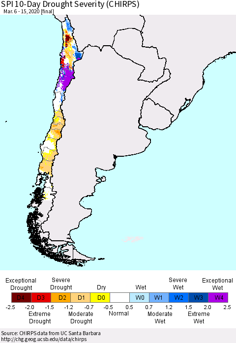 Chile SPI 10-Day Drought Severity (CHIRPS) Thematic Map For 3/6/2020 - 3/15/2020