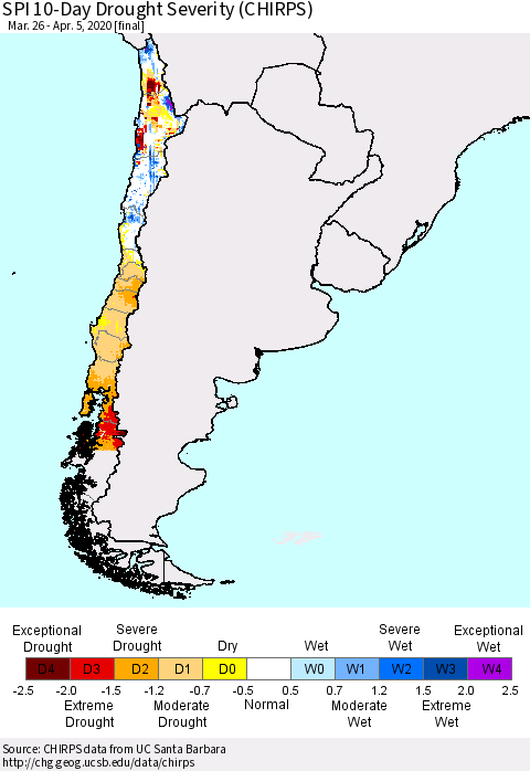 Chile SPI 10-Day Drought Severity (CHIRPS) Thematic Map For 3/26/2020 - 4/5/2020