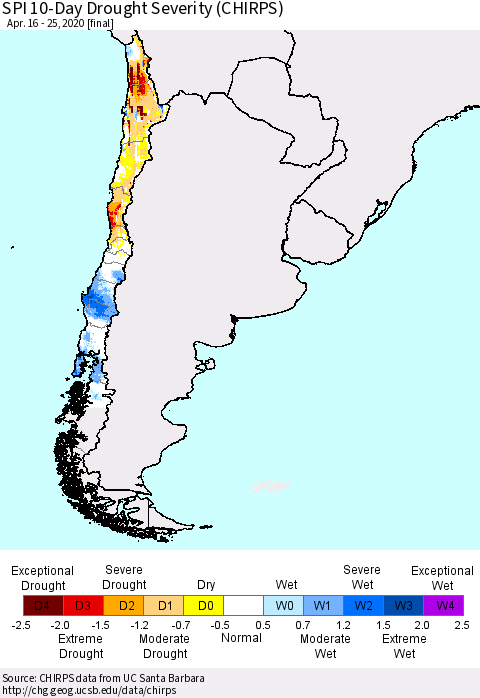 Chile SPI 10-Day Drought Severity (CHIRPS) Thematic Map For 4/16/2020 - 4/25/2020