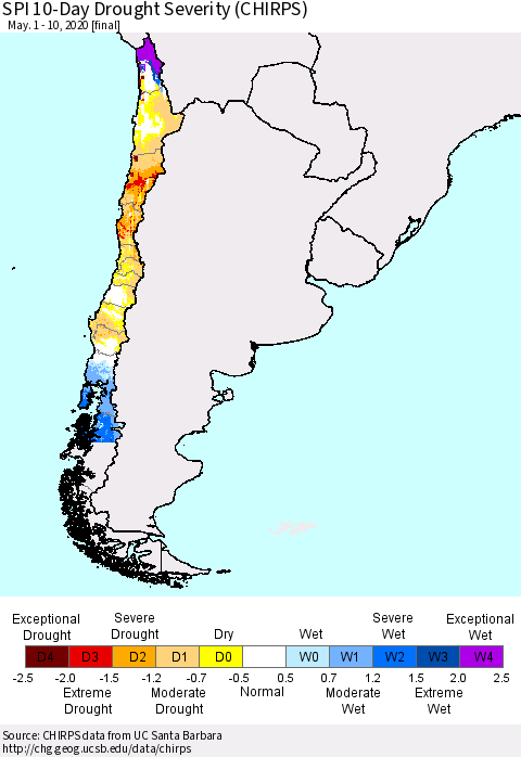 Chile SPI 10-Day Drought Severity (CHIRPS) Thematic Map For 5/1/2020 - 5/10/2020