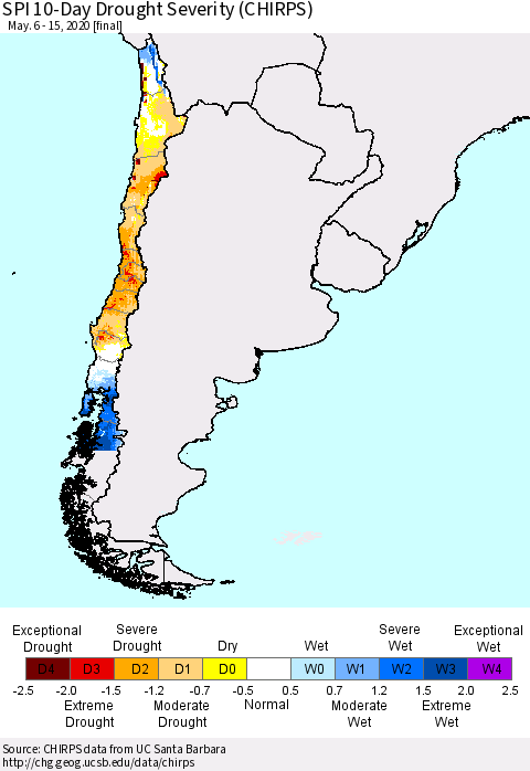 Chile SPI 10-Day Drought Severity (CHIRPS) Thematic Map For 5/6/2020 - 5/15/2020