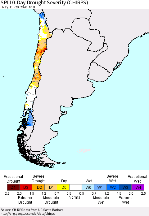 Chile SPI 10-Day Drought Severity (CHIRPS) Thematic Map For 5/11/2020 - 5/20/2020