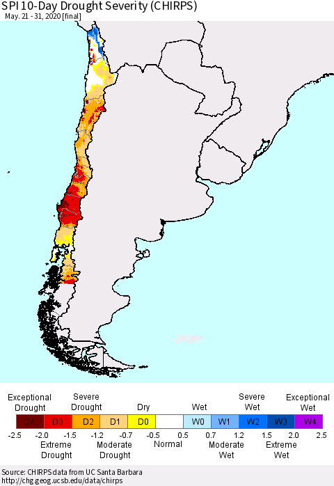Chile SPI 10-Day Drought Severity (CHIRPS) Thematic Map For 5/21/2020 - 5/31/2020