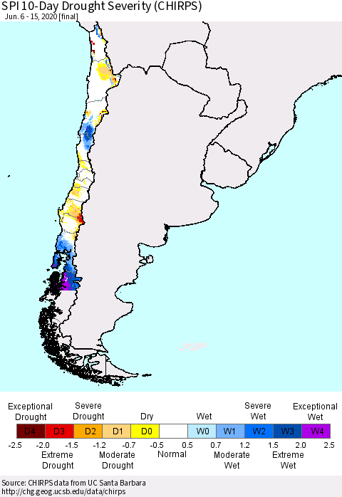 Chile SPI 10-Day Drought Severity (CHIRPS) Thematic Map For 6/6/2020 - 6/15/2020