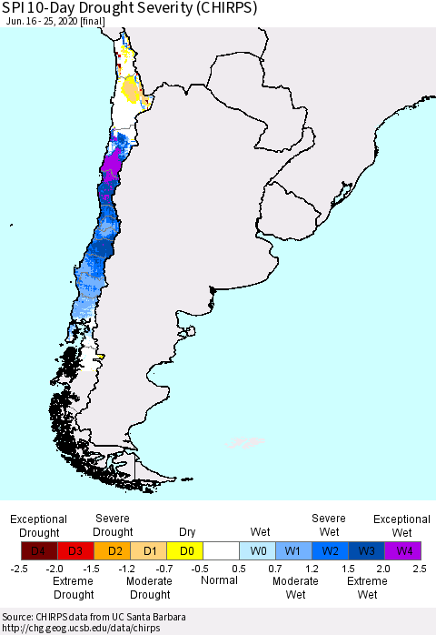 Chile SPI 10-Day Drought Severity (CHIRPS) Thematic Map For 6/16/2020 - 6/25/2020
